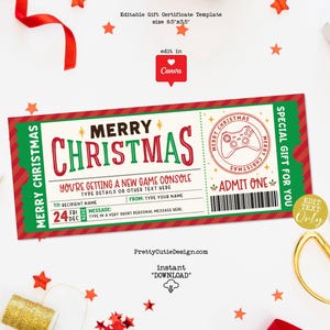 Peut inclure: Un bon cadeau de Noël aux couleurs rouge et verte. Il affiche "Joyeux Noël" et "Vous obtenez une nouvelle console de jeu". Il comprend des espaces pour les détails du destinataire et de l'expéditeur.
