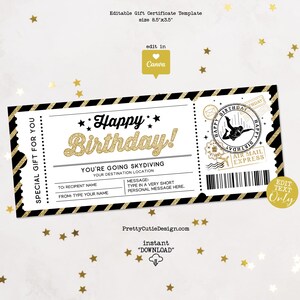 Boleto de regalo de cumpleaños para paracaidismo, plantilla de certificado de regalo editable, regalo sorpresa para él/ella, cupón de cumpleaños de Canva