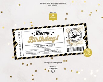 Skydiving Birthday Gift Ticket, Editable Gift Certificate Template, Surprise Experience Gift for Him Her, Canva Birthday Coupon