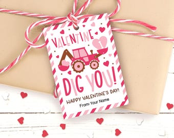 Tractor Gift Tag Printable, Valentine Dig You, Construction Treat Bag Label, Digital Download