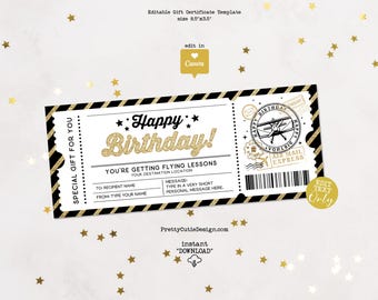 Flying Lessons Gift Certificate Editable Template, Birthday Surprise Ticket, Pilot Training Gift Voucher Printable, Birthday Coupon Template