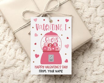 Gumball Valentine Gift Tag Printable, I Chews You Candy Label, Digital Download