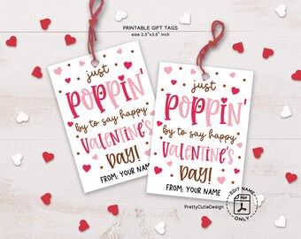 Just Poppin' by to Say Happy Valentine's Day Gift Tags, Popcorn Valentine Gift Tags, Teacher Classroom Valentines Day Gift Tag Printable