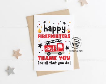 Happy Firefighters Day Card Printable, Firefighter Appreciation Card, Thank You Firefighter Gift Tag, Fire Truck Hero Card Instant Download