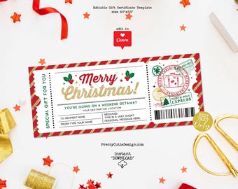 Christmas Weekend Getaway Surprise Gift Ticket Voucher, Holiday Trip Certificate Template, Editable Hotel Reservation Reveal Ticket Coupon