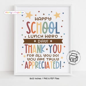 School Lunch Hero Day druckbares Schild, Pastell Danke Poster für Cafeteria Personal, Wertschätzung Geschenk, Kantinen Dekor, sofort Download