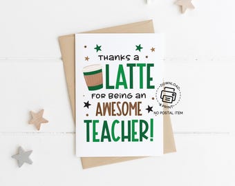 Thanks a Latte Teacher Appreciation Card Printable, Coffee Themed Gift Tag for Teachers, Instant Download for Teacher Appreciation Week