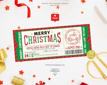Christmas Hawaii Trip Ticket Surprise Gift Voucher, Printable Hawaii Gift Ticket Coupon, Editable Christmas Gift Certificate Template