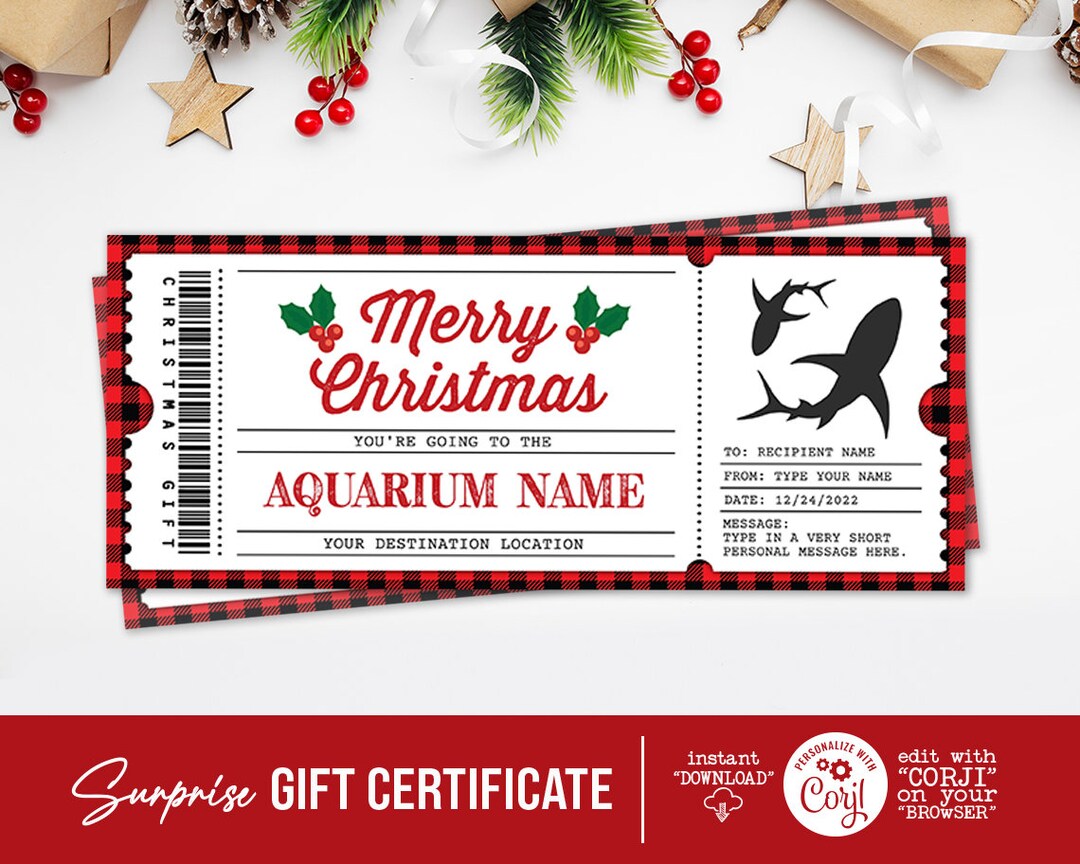 Holiday Aquarium Gift Ticket Certificate Template, Christmas Surprise Aquarium Ticket, Aquarium
