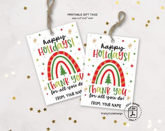 Holiday Thank You Gift Tags, Happy Holidays Printable, Rainbow Tree, Instant Download