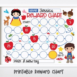 Tableau des récompenses de Blanche-Neige imprimable, suiveur d'objectifs de conte de fées pour enfants, tableau de comportement de princesse pour filles, tableau d'incitation en 30 étapes PDF