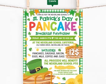 Editable St Patricks Day Fundraiser Flyer Template, St Patrick's Day Pancake Breakfast Poster, School PTO PTA March Fundraiser Event
