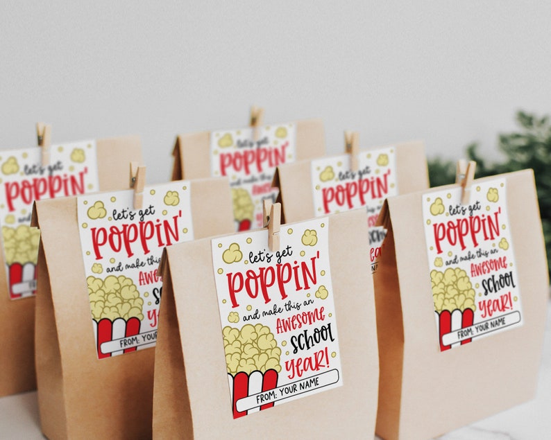 Editable PDF popcorn themed back to school favor tag with cartoon popcorn graphic and colorful fonts, great for teachers to welcome students or classmates