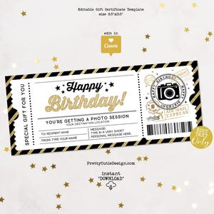 Photo Session Geschenkgutschein bearbeitbare Vorlage, Geburtstag Surprise Ticket, Photo Session Geschenkgutschein druckbar, Geburtstag Coupon Vorlage
