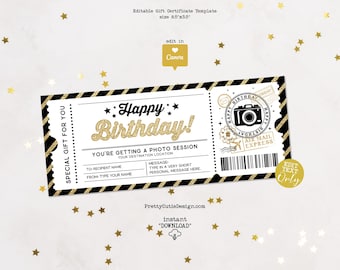 Photo Session Gift Certificate Editable Template, Birthday Surprise Ticket, Photo Session Gift Voucher Printable, Birthday Coupon Template