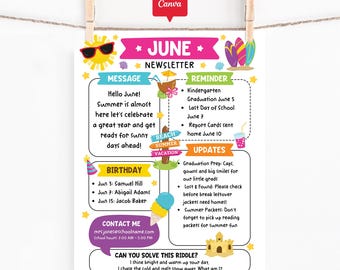 June Classroom Newsletter Template, Editable Monthly School Newsletter, End of Year Parent Teacher Update, Summer Printable Canva Newsletter