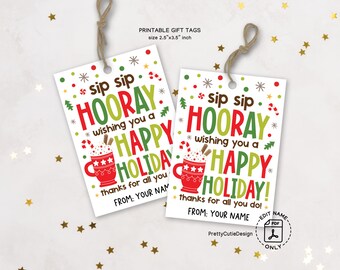 Christmas Gift Tags Printable, Sip Sip Hooray, Hot Cocoa, Teacher Coworker Labels