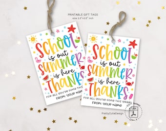 School Is Out Summer Is Here Thank You Gift Tags, Last Day of School Printable Teacher or Staff Appreciation Tags for End of Year