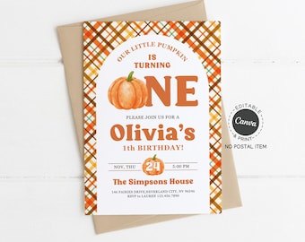 Little Pumpkin First Birthday Invitation: Editable Fall Party Invite (5x7" PDF Template)