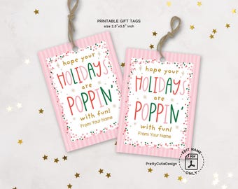 Popcorn Gift Tags, Poppin’ Holidays Printable, Pink Christmas Treat Labels for Teachers