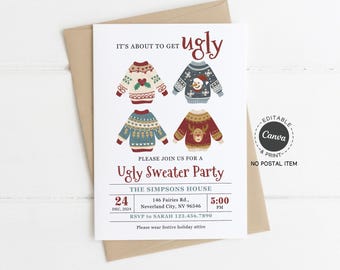 Ugly Sweater Party Invitation Template: Christmas Holiday, Editable Canva, Printable PDF