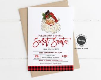 Secret Santa Invitation Template: Vintage Santa, Buffalo Plaid, 5x7, Editable Canva