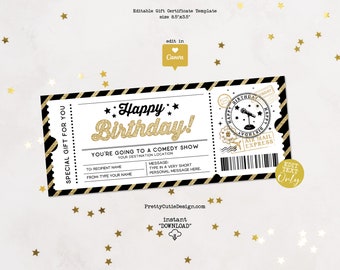 Comedy Show Gift Certificate Template, Comedy Show Ticket Template Editable, Comedy Show Gift Certificate Template Birthday Surprise