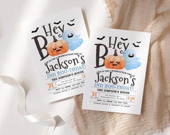 Editable Halloween 2nd Birthday Invitation, Boo Day Party Invite with Ghost and Pumpkin, Cute Toddler Boy Girl Fall Birthday Template Canva