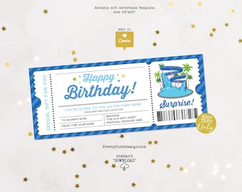 Water Park Gift Certificate Editable Template, Birthday Surprise Ticket, Waterpark Gift Voucher Printable, Birthday Coupon Template
