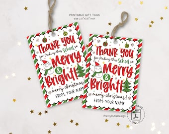 Christmas Gift Tags Printable, Merry & Bright School, Teacher Staff Appreciation Labels