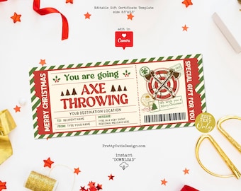 Axe Throwing Gift Certificate, Christmas Voucher Ticket, Editable Canva Template, Printable