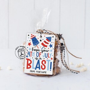 DIY printable 4th of July gift tag with colorful firework and star illustrations, ready to print for your Independence Day party favors