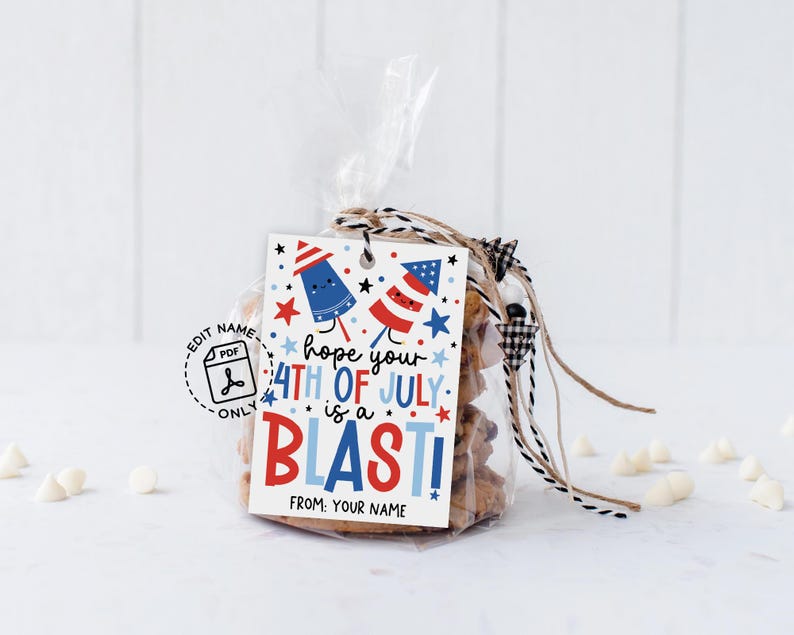 DIY printable 4th of July gift tag with colorful firework and star illustrations, ready to print for your Independence Day party favors