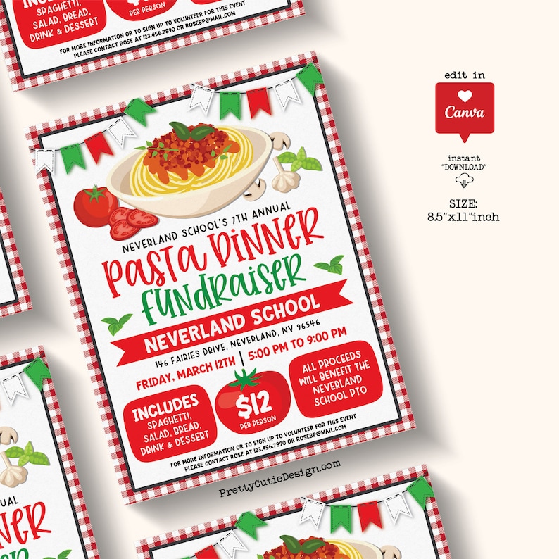 Pasta Night Fundraiser Flyer: Spaghetti Dinner, School Event, Canva ...
