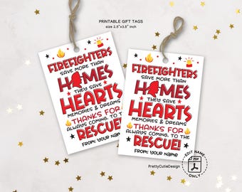 Firefighter Appreciation Tags Printable, Fireman Thank You Tags, Fire Truck Gift Tags, Firefighters Save Hearts Tags, Firefighter Rescue Tag