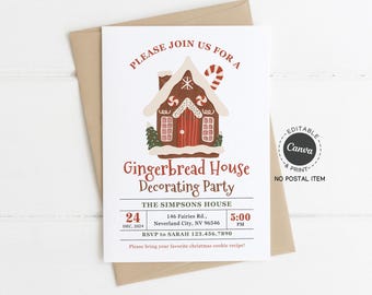 Gingerbread House Decorating Party Invitation Template: Editable Canva, 5x7 Printable (Digital)