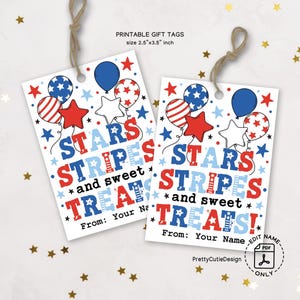 4th of July Gift Tag Printable, Stars Stripes and Sweet Treats Tag, Patriotic Red White Blue Balloons, Party Favor Tag Instant Download