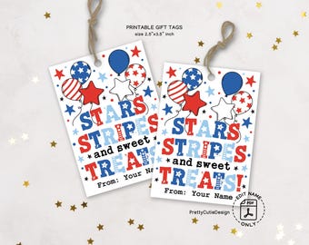 4th of July Gift Tag Printable, Stars Stripes and Sweet Treats Tag, Patriotic Red White Blue Balloons, Party Favor Tag Instant Download