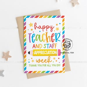 Biglietto di ringraziamento stampabile per insegnanti e personale, biglietto di ringraziamento arcobaleno, regalo per la settimana di ringraziamento per gli insegnanti, riconoscimento del personale scolastico