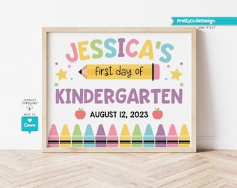 Editable First day of Kindergarten Sign, Personalized 1st Day of School Printable Template, Girl Back to School Photo Prop, Instant Download