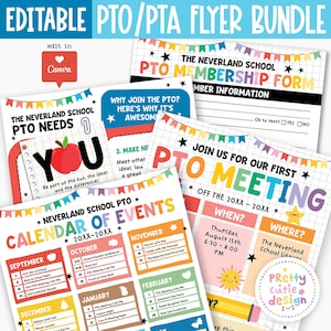 Editable PTO PTA Flyer Bundle Template, School Parent Organization Newsletter, Membership Form, Meeting Flyer, Yearly Events Calendar Canva