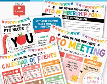 Editable PTO PTA Flyer Bundle Template, School Parent Organization Newsletter, Membership Form, Meeting Flyer, Yearly Events Calendar Canva