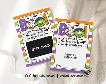 Halloween Gift Card Holder Printable, Donut Boo Appreciation Card, Teacher Halloween Gift Tag, Halloween Thank You Card for Teachers