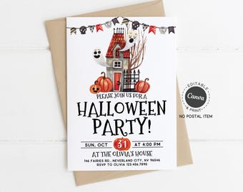 Spooky Haunted House Halloween Party Invitation: Editable Canva Template (5x7" Printable Invite)