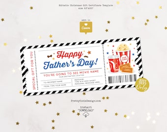Editable Father’s Day Movie Gift Certificate, Printable Cinema Ticket for Dad, Movie Night Gift Voucher, Canva Template Download