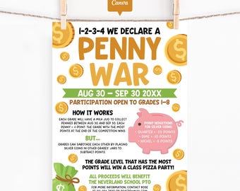 Penny War Fundraiser Flyer Printable, Editable Coin Drive School Challenge Canva Template, Fun Student Competition Poster for PTO PTA Event