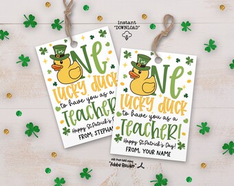 One Lucky Duck St Patricks Day Tag, Rubber Duck Tags, Happy St Patricks School Classroom Party Lucky Duck Gift Tags For Teacher