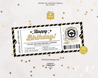 Driving Lessons Birthday Gift Certificate Template, 17th Birthday Gift Card, Drive By Gift Certificate, Birthday Surprise Ticket Editable