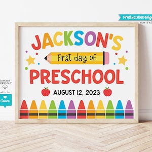 Editable First Day of Preschool Sign Template, Personalized Back to School Photo Prop, Printable First Day of School, Instant Download
