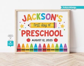 Editable First Day of Preschool Sign Template, Personalized Back to School Photo Prop, Printable First Day of School, Instant Download